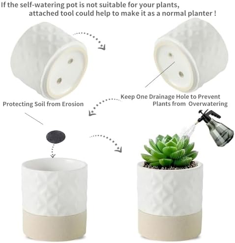 Nihow Self Watering Plant Pot for Indoor Plants: 4.5+6 Inch Ceramic Planter with Drainage Hole & Water Storage Plus - Cylinder Flower Pot with Wick for Herbs - Matte White & Brown Star