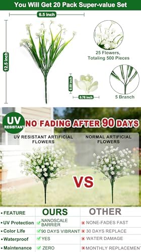 20 Bundles Artificial Flowers for Outdoors, Summer Spring Grass Camellia
