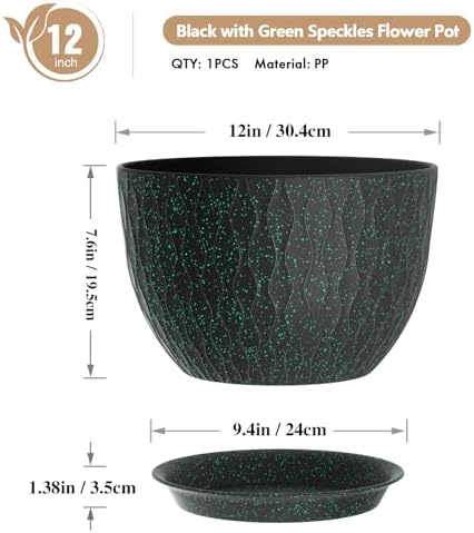 WSMKSZ 12 Inch Wide Water Ripples Flower Pots for Indoor or Outdoor Plants, Large Plant Pots with Drainage Holes & Saucer, Plastic Planters Set for Garden & Home Decor (Black with Green Speckles)