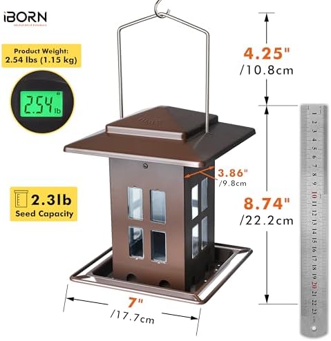 iBorn Bird Feeder for Outdoor Hanging,Metal Bird Feeder Hanging Outside for Cardinal, Double-Sided Hanger Wild Birdfeeder All Metal Constructions, Holds 2.3LB Seed, Bronze,8 Ports
