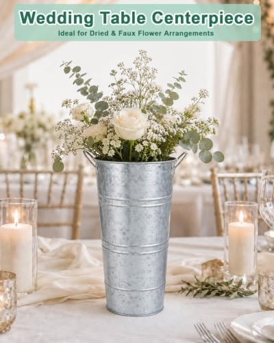 12 Inch Galvanized Metal Vase, 2 Pack Tall Flower Buckets with Handles