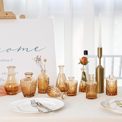 CUCUMI 12pcs Bud Vases for Centerpieces, Amber Gold Glass Vase Set