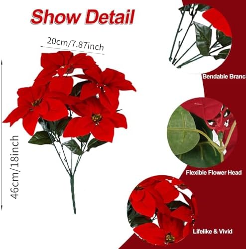 18'' Poinsettias Flowers Artificial Christmas Flowers 5 Packs Silk Red Poinsettia 7 Heads Fake Floral Bouquet with Stem for Indoor Outdoor Christmas Decoration