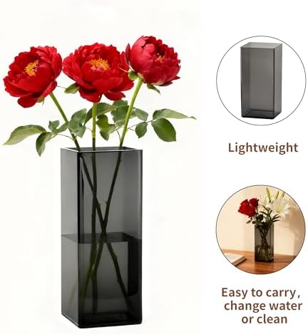 Acrylic Square Flower Vase, Non-breakable Vase, 4" x 4" x 10" Tall Grey Vases for Flower, Large Cube Floral Plant Container, Planter Terrarium for Wedding Party Event, Home Office Decor