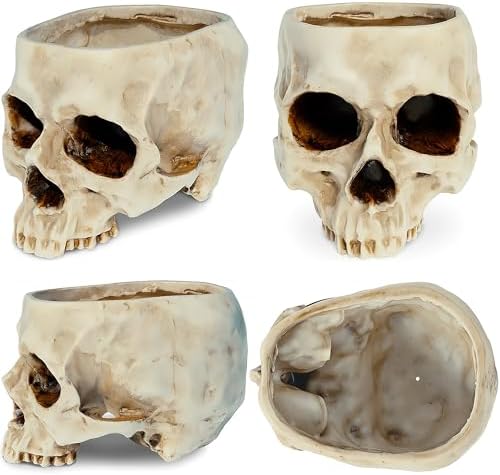 READAEER Skull Planter with Drain Hole, Resin Skull Shaped Flower Pot Candy Bowl, Gothic Decoration for Home Office Desk- White