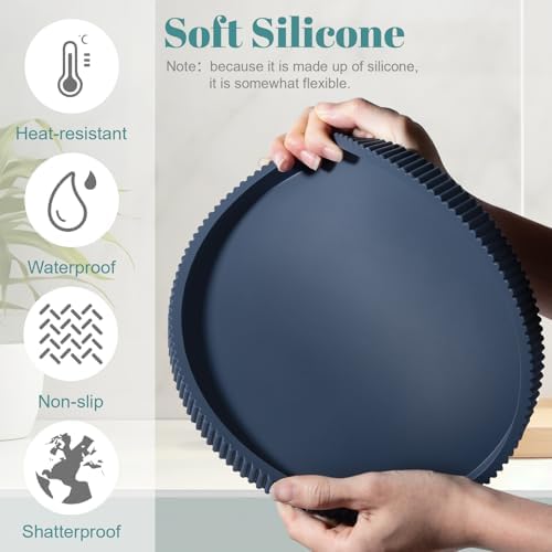 Silicone Bathroom Tray Round Perfume Tray Coffee Table Decor, 12" Dark Blue