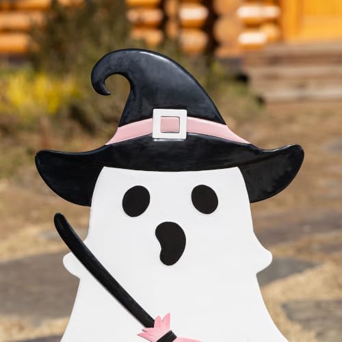 Glitzhome Halloween Ghost Yard Sign Set of 2, Cute Outdoor Ghost with Witch Broom & Pink Bow Pumpkin Outdoor Decorations, Halloween Metal Garden Stakes for Halloween Fall Autumn Lawn Decor