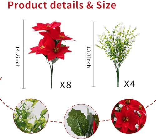 Christmas Artificial Flowers for Outdoors 12PCs Red Faux Poinsettia