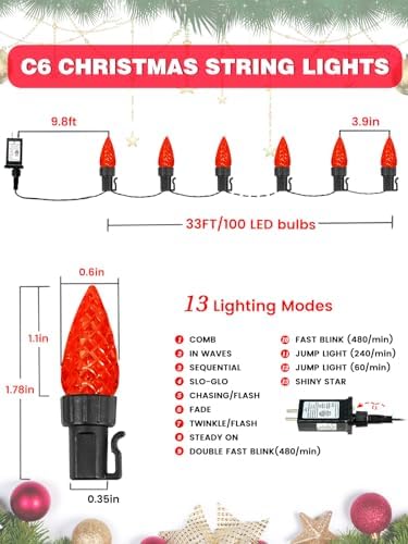 2 Pack Connectable C6 Christmas String Lights Outdoor 200 LED 66FT Red