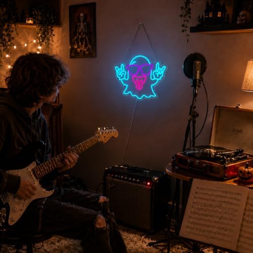 Rock Ghost Halloween Neon Sign, Dimmable LED Ghost Neon Sign for Wall Decor
