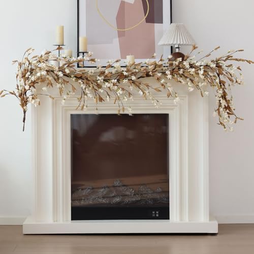 Mizii Fall Garland Artificial Flower Garlands 6 Feet Fake Wildflower Floral Garland Hanging Vines Flowers Decorations for Mantle Table Centerpieces Room Wall Fireplace Wedding Fall Decor (Beige)