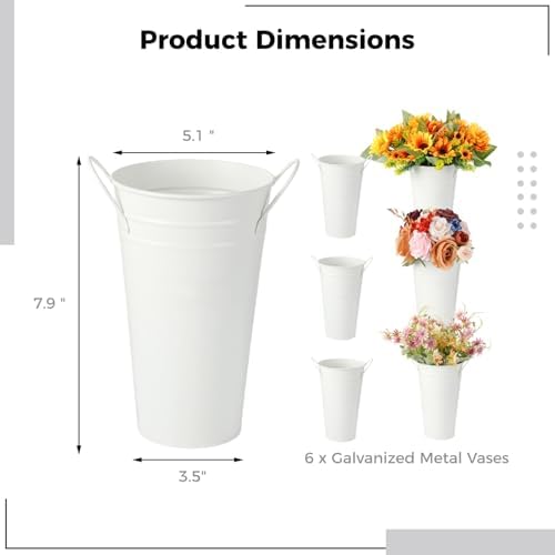 6 Pcs White Flower Buckets, Galvanized Metal Vases,7.9 Inches Flower Vase with Handles, French Flower Bucket，Rustic Farmhouse Vases for Home Decor Wedding Table Centerpiece