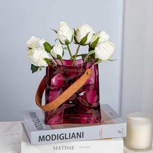 Glass Purse Vase for Flowers Brownish Purple Vases for Centerpieces