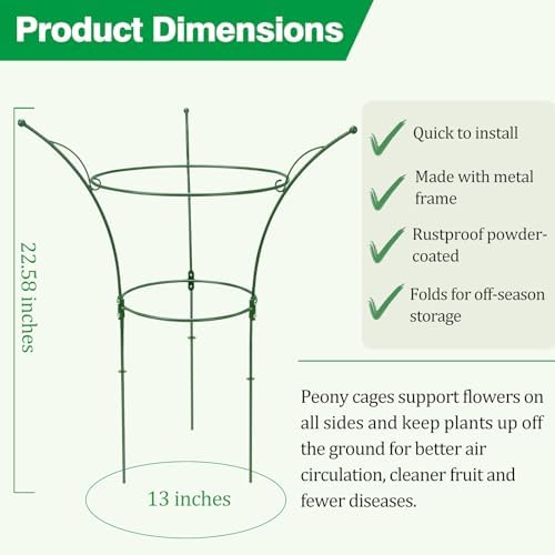 4 Pack Peony Cages and Supports Cages 13" D x 22.8" H Sturdy Metal Support Frame for Peonies & Roses Natural Bouquet Shape Garden Stakes for Outdoor Plants Flowers Ornamental (Green)