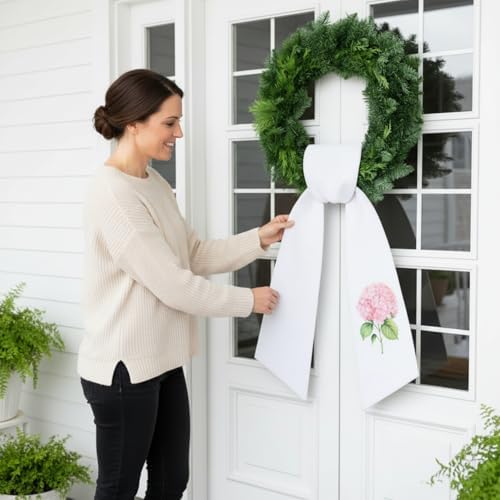 VitalCozy Wreath Sash for Front Door Pink Hydrangea Satin Embroidery