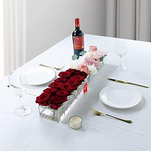 Acrylic Rectangular Floral Centerpiece Vase for Dining Table, 12-Holes, 11.8 x 4 x 3 Inches