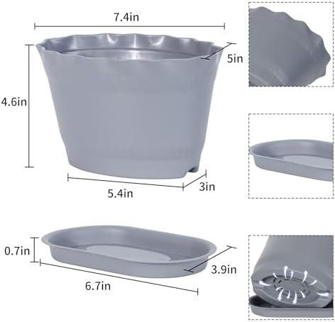 Oliz Herb Planter Pots 6 Pcs, Window Box Planter Flower Plants Pots for Succulent Cactus Flower with Trays, for Home Garden Kitchen Decor (Grey)