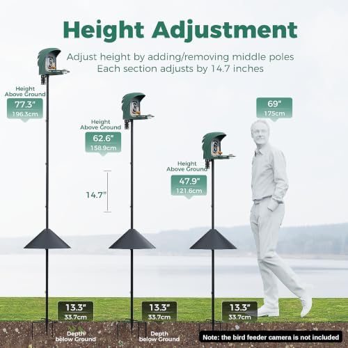 76'' Inch Heavy-Duty Bird Feeder Pole,1'' Thick Rustproof, Adjustable Height,Universal Mount Kit for Bird Feeder Cameras&Houses (Adapter Included)