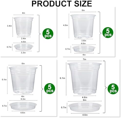 4/5/6/7 Inch 20 Pack Clear Plastic Nursery Pots with Drainage and Saucer