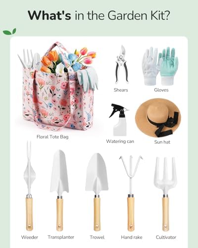 Grenebo 10-Piece Gardening Tool Set with Floral Bag, Pink White