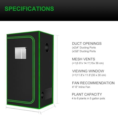 2x2 Grow Tent, 24"x24"x72'' High Reflective 600D Diamond Mylar Canvas with Observation Window and Floor Tray for Hydroponic Indoor Plant Growing