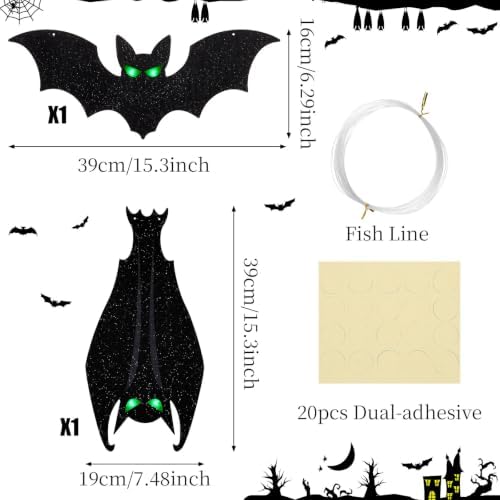 CCINEE 2Pcs Lighted Halloween Hanging Bats, 15in Glitter Black Bat Ornaments with Glowing LED Eyes, Indoor Outdoor Halloween Decor for Yard, Window, Ceiling, Tree, Haunted House Party