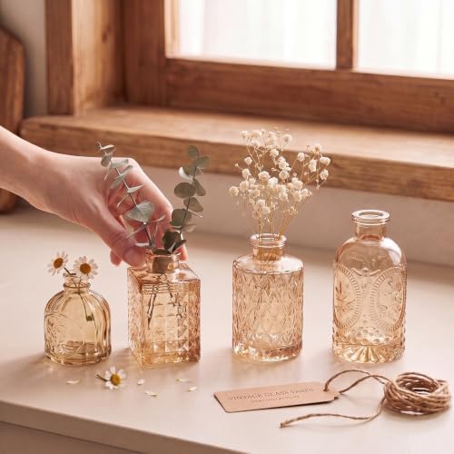 Clear Amber Gold Glass Bud Vase Set of 12 Pcs,Small Bud Vases in Bulk,Glass Crystal Flower Vases Table Centerpieces for Party Event Wedding Decor Baby Shower Decorations (Amber Gold, 12 Pcs)