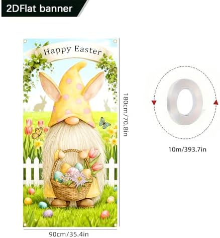 Easter Door Cover Banner with Gnome Design, Spring Front Door Decoration for Porch & Home, 35.4×70.8in with Rope