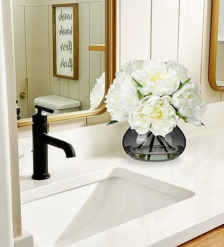 Hollyone Peonies Artificial Flowers with Vase White Peony Fake Flowers Faux Silk Flower Arrangements in Glass Vase with Faux Water Faux Floral Bulk Bouquet for Home Office Table Centerpiece Decoration