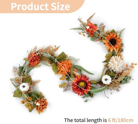 NUPTIO Fall Garland with Sunflower Pumpkin: 6ft Fall Decor for Thanksgiving