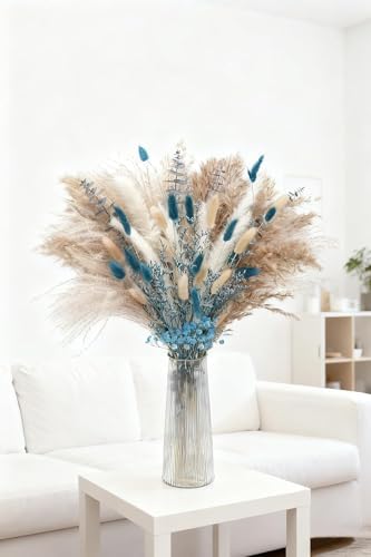 Real Blue Boho Decor Pampas Grass and Babys Breath, Eucalyptus Bouquet