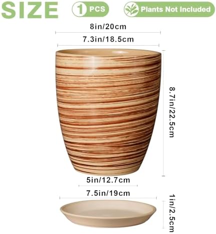 8 Inch Plant Pot, Ceramic Planter with Drainage Hole and Saucer Large Flower Pot for Home Patio Garden Office, Yellow