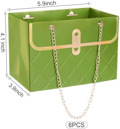 baotongle 6pcs Flower Paper Gift Box Bouquet Storage Bucket Handbag with Metal Chain Flower Boxes for Arrangements Wedding Mother's Day Birthday Bridal Shower (Green)
