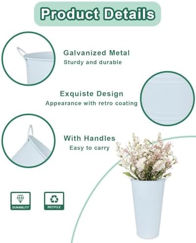 12 Inch Galvanized Metal Vase, 6 Pack Tall Flower Buckets with Handles