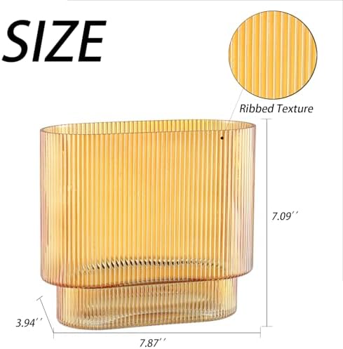 Ribbed Glass Vase, Amber Glass Vase, Fluted Short Vases for Flowers, Modern Vases for Living Room, Dining Room, Bathroom, Desk, Shelf, Wedding, Office, 7 Inches
