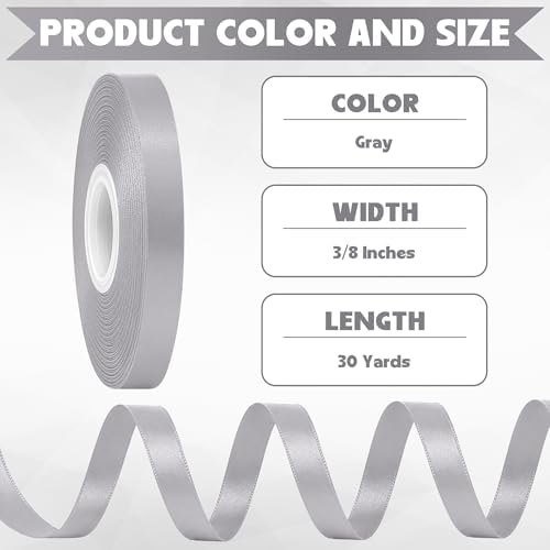 30Yards 3/8In Gray Thin Ribbon for Gift Wrapping Wedding Birthday Holiday