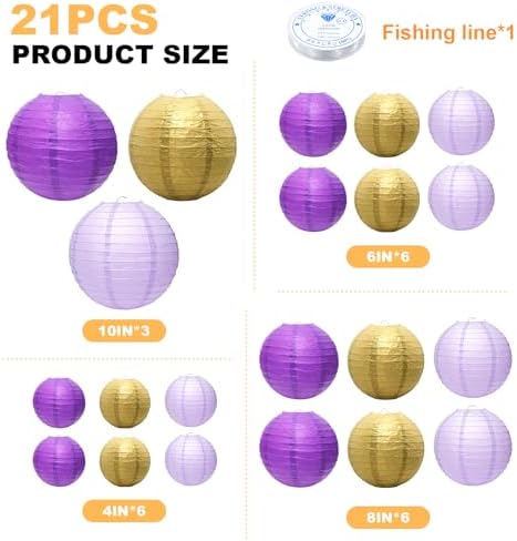 21Pcs Purple Paper Lanterns, 4-10in Hanging Decor, Bachelorette Wedding