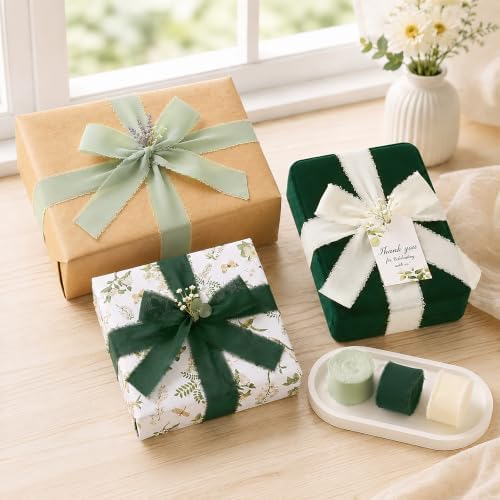 DORIS HOME Handmade Fringe Chiffon Ribbon 1" x 21Yd Green & Cream
