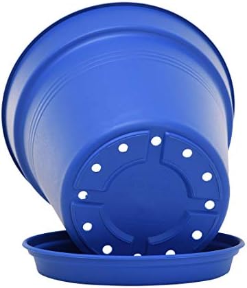 Mintra Garden Pots, 4 Pack Bulk Plastic Plant Pots with Drainage Tray, Round Indoor & Outdoor Decorative Planters with Drain Holes for Flowers, Herbs & Plants, 13cm Diameter – Blue, 5 in
