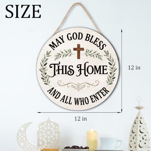 May God Bless This Home Wooden Hanging Sign for House Front Door, Christian Religion Welcome Sign for Porch Garden Patio