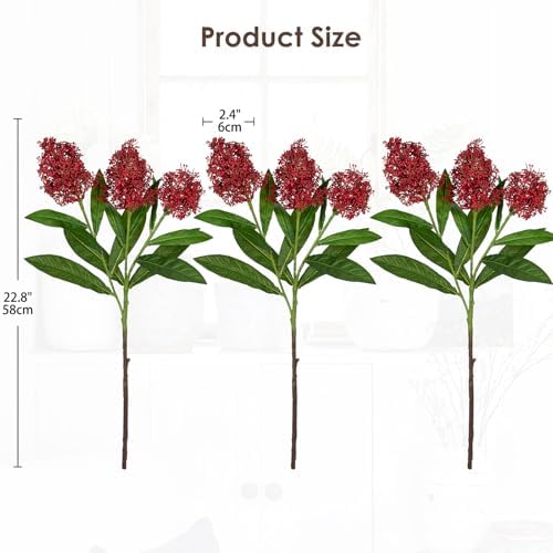 Briful 3PCS Artificial Flowers Faux Skimmia Spray with Leaves 22.8 Inch Long Stem Fake Flowers for Home Vase Table Centerpiece Floral Arrangement Wedding Bouquet (Red)