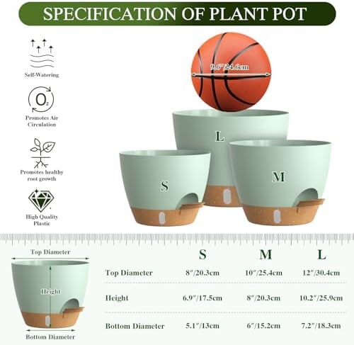 Self Watering Pots with Drainage Holes, 3 Pack 12/10/8 Inch Plant Pots with Water Level Indicator Deep Reservoir, Large Plastic Planter for Indoor Outdoor Plants - Green Brown