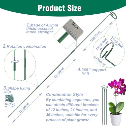 4.5mm Adjustable Length Plant Stake, Assembled (12 or 24 or 36 inch) Outdoor and Indoor Plant Support Poles for Flowers Marigolds Tomatoes Lilies Peonies Roses Daffodils Flower Clips (8 Sets, 32 Pcs)