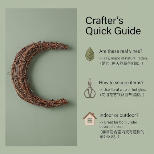 Veemoon 2pcs Moon Rattan Wreath, Small Natural Grapevine Garland DIY Crafts Plant Vine Wreath Front Door Vine Branch Half Moon Frame Wired Macrame Door Decor for Christmas Wedding Party, 9.8 Inch