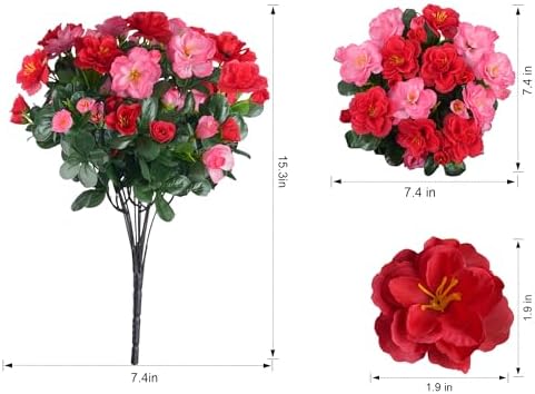 Artificial Faux Outdoor Flowers Plants for Spring Summer Decoration, Fake Silk Camellia UV Resistant Look Real for Planter Outside Front Door Porch Patio Balcony, 3 Large Bundles (Melon Red+Red)
