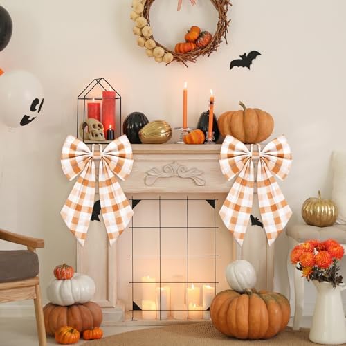 Suncalla 2 Pcs Orange Fall Plaid Wreath Bows 18'' x 12''