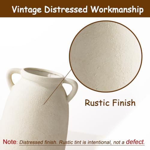 Dobbyby Ceramic Flower Vase 12 inch Farmhouse Rustic Vase Decorative Pottery Terracotta Tall Vases for Home Decor Table Mantle Fireplace Living Room Bathroom Wedding Centerpiece(Large-White)