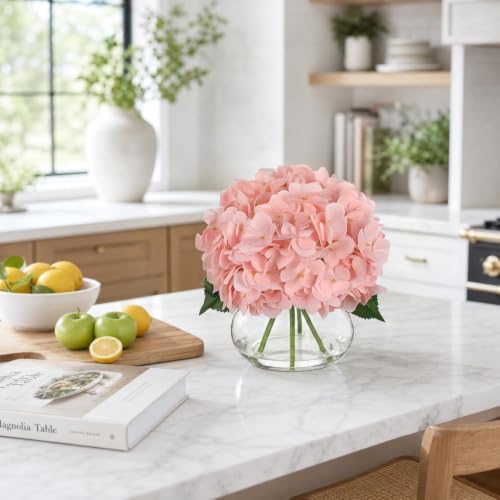 Hollyone Real Touch Hydrangea with Glass Vase Pink Full Latex Hydrangeas Artificial Flowers in Vase Lifelike Bouquets Floral Arrangements with Faux Water for Wedding Table Centerpiece Indoor Decor