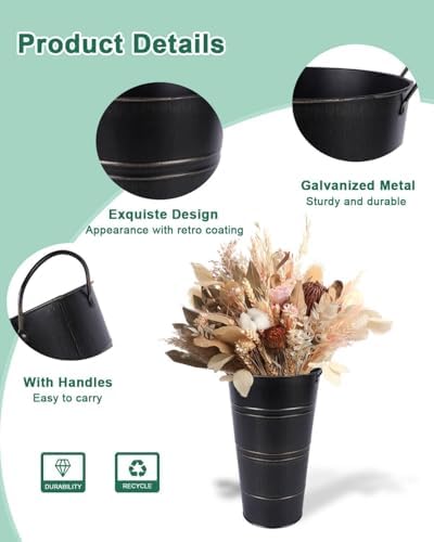 12 Inch Galvanized Metal Vase, 2 Pack Tall Flower Buckets with Handles