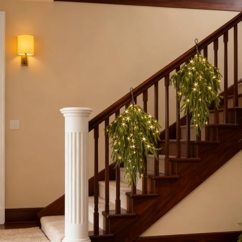 Hairui Lighted Christmas Teardrop Swag with Timer 96 LED Fairy Lights, Norfolk Pine Branch Lights 22IN Battery Operated for Home Wall Fireplace Mantle Xmas Decoration Indoor Outdoor